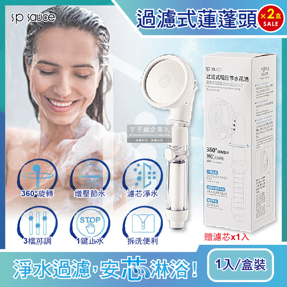 (2盒組)日本sp sauce過濾增壓節水1鍵止水360°旋轉蓮蓬頭1入/盒裝(每盒贈濾芯x1入)✿70D033